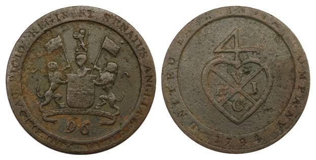 Copper, 1/96 Rupee, 1794, obv. United East India Company written under coat of arms, with 
