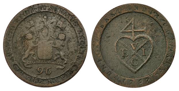 Copper, 1/96 Rupee, 1797, obv. United East India Company written under coat of arms, with 