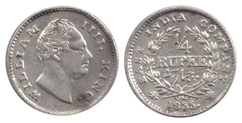 William IV, Silver, ¼ Rupee 1835. Slight off-centre striking on rev. Very Fine+, Scarce
