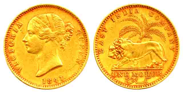 Victoria Queen, Gold, 11.66 g, Khajur Mohur, 1841, Divided Legend type, WW incused on trun