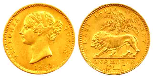 Victoria Queen, Gold, 11.66 g, Khajur Mohur, 1841, Divided Legend type, WW incused on trun