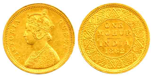 Victoria Queen, Gold, 11.67 g, Paisa Mohur, 1862, Thick Lettering type. About Very Fine, R