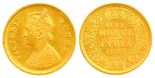 Victoria Queen, Gold, 11.64 g, Paisa Mohur, 1862, Thin Lettering type. About Extremely Fin