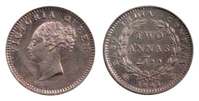Victoria Queen, Silver, 2 Annas, 1841, Continous Legend type. Proof-Like, Rare.