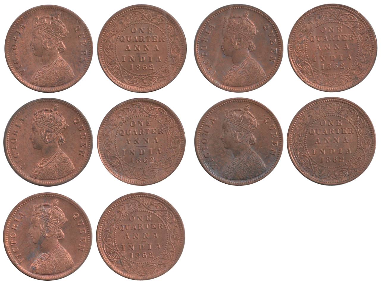 Victoria Queen, Copper (5), ¼ Anna, 1862, all UNC, Scarce. 5 coins