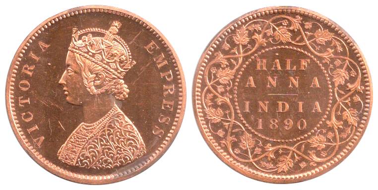 Victoria Empress, Copper, ½ Anna, 1890, Proof with original mint envelop, Rare.