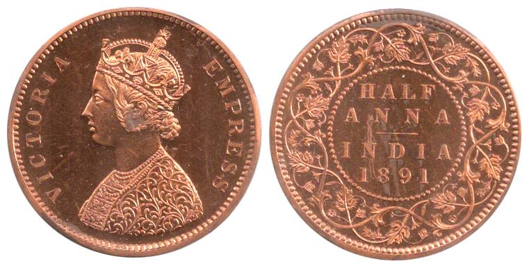Victoria Empress, Copper, ½ Anna, 1891, Proof with original mint envelop, Rare.