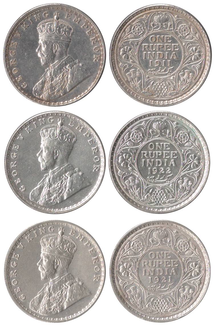 George V, Silver (3), Rupee, 1911, 1921 and 1922, Bombay Mint. About Extremely Fine, Scarc
