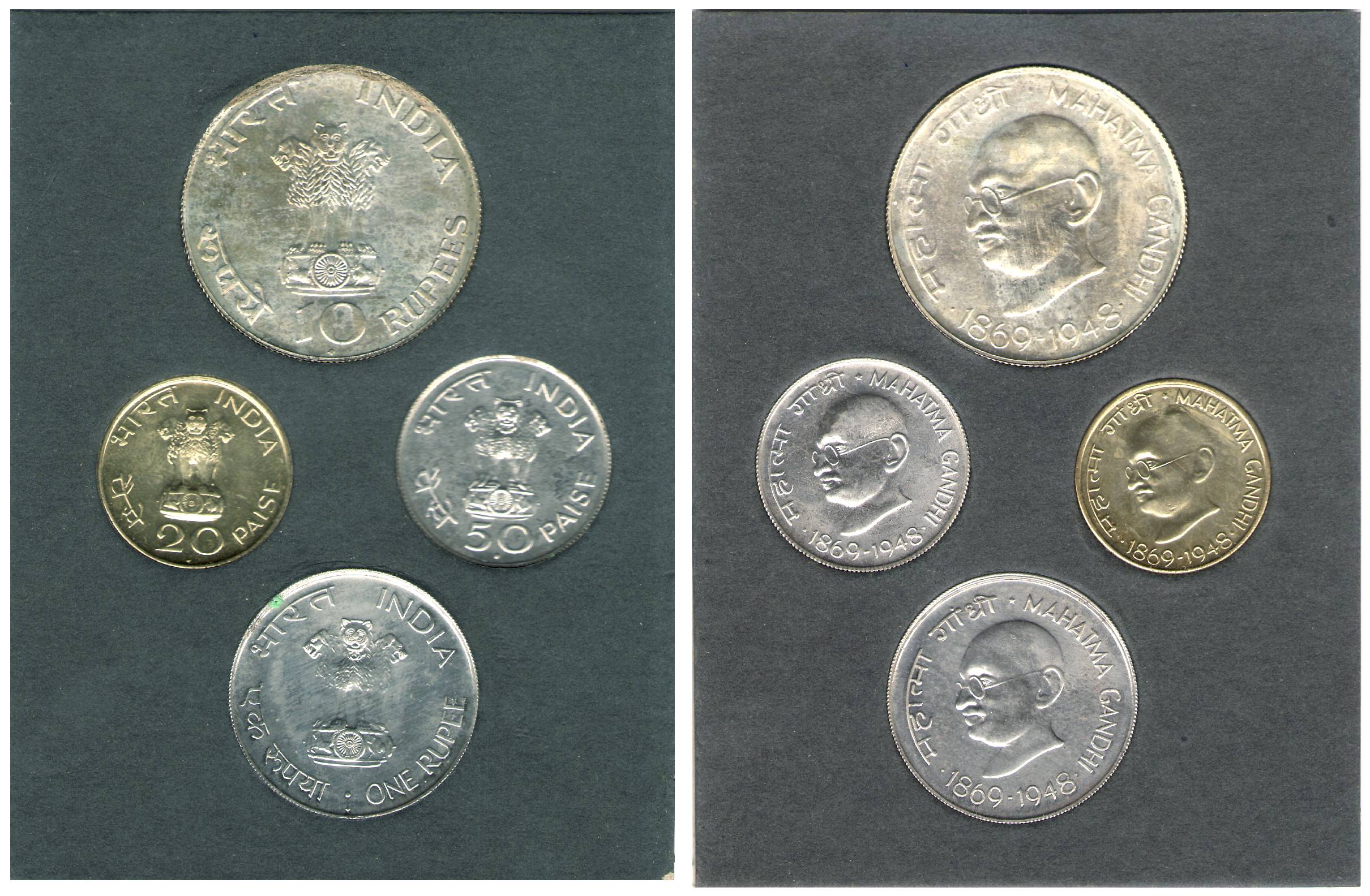 UNC Set of 1969, Gandhi Centenary (1869-1969), Bombay Mint, Set of 4 coins (RB# 17). In or