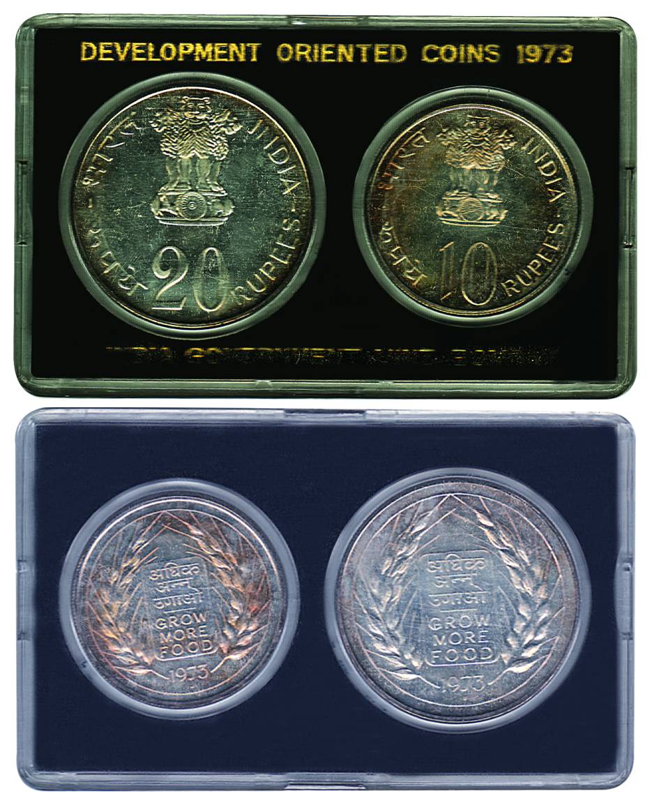 UNC Set of 1973, Grow More Food, Bombay Mint, Set of 2 coins (RB# 38). In original box, Sc