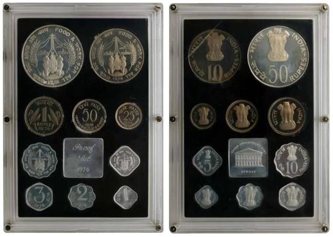 Proof Set of 1976, Food &amp; Work For All, Bombay Mint, Set of 10 coins (RB# 55). In orig