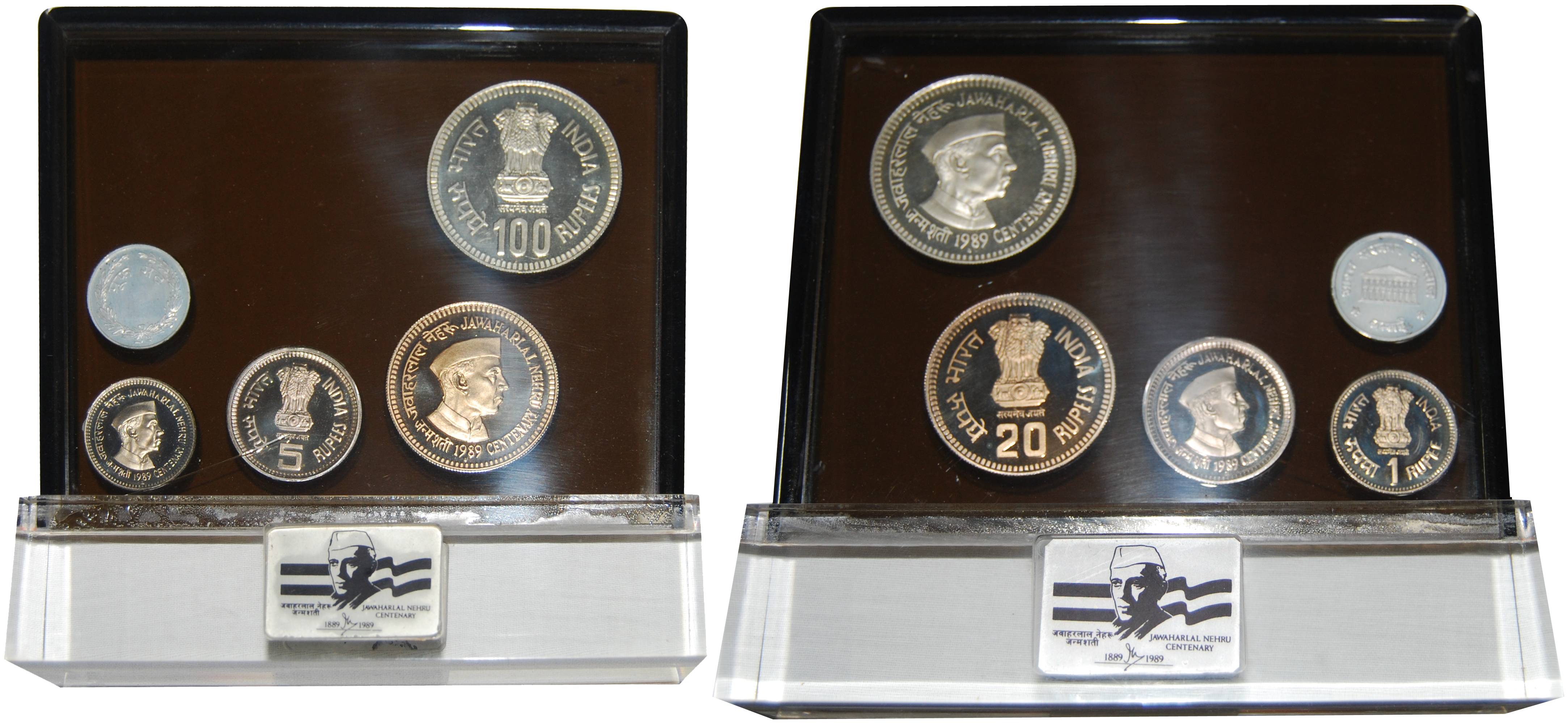 Proof Set of 1989, Jawaharlal Nehru Birth Centenary, Bombay Mint, Set of 4 coins with Stan