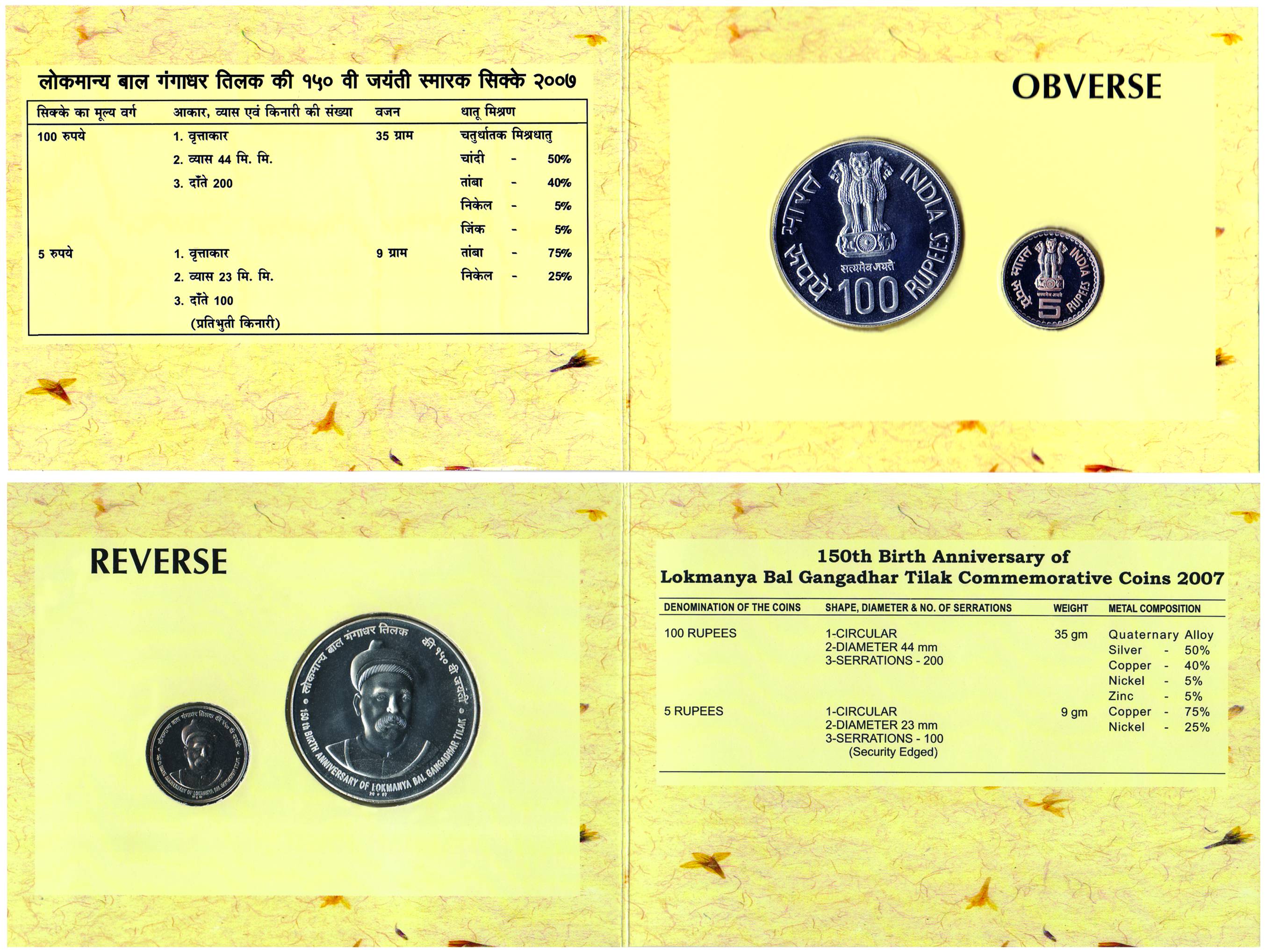 UNC Set of 2007, 150th Birth Anniversary of Bal Gangadhar Tilak, Mumbai Mint, Set of 2 coi