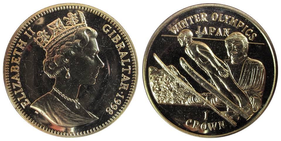 Gibraltar, Elizabeth II, Silver, 1 Crown, Winter Olympics Japan Commemorative, 1998. Minte