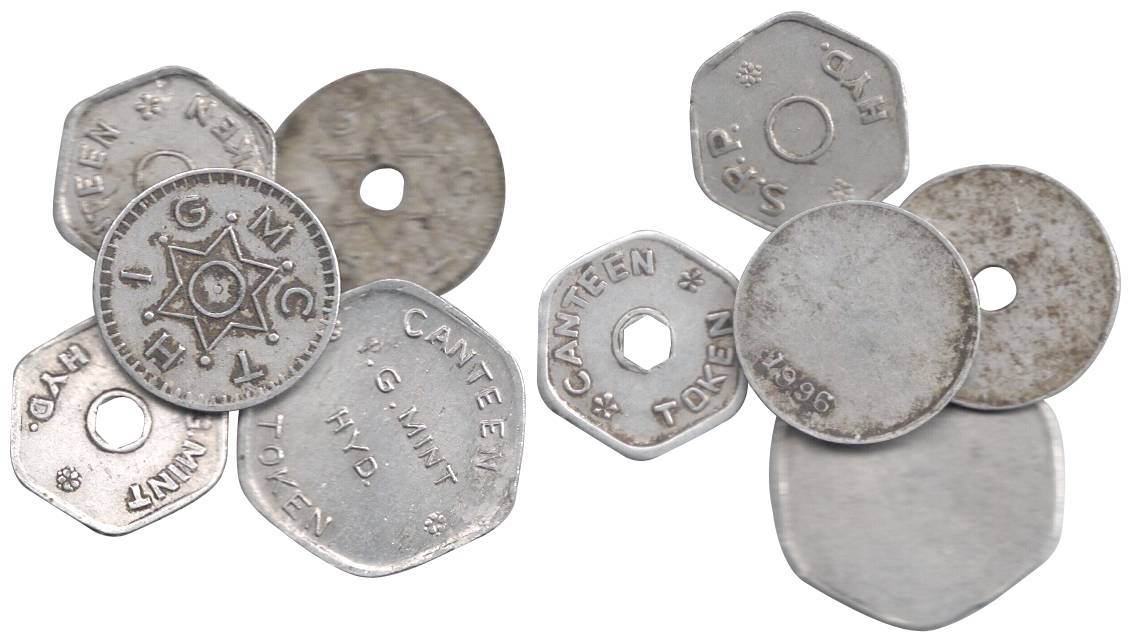 Mint Tokens, Hyderabad Mint, Aluminum (5), various sizes depicting numerous denominations.