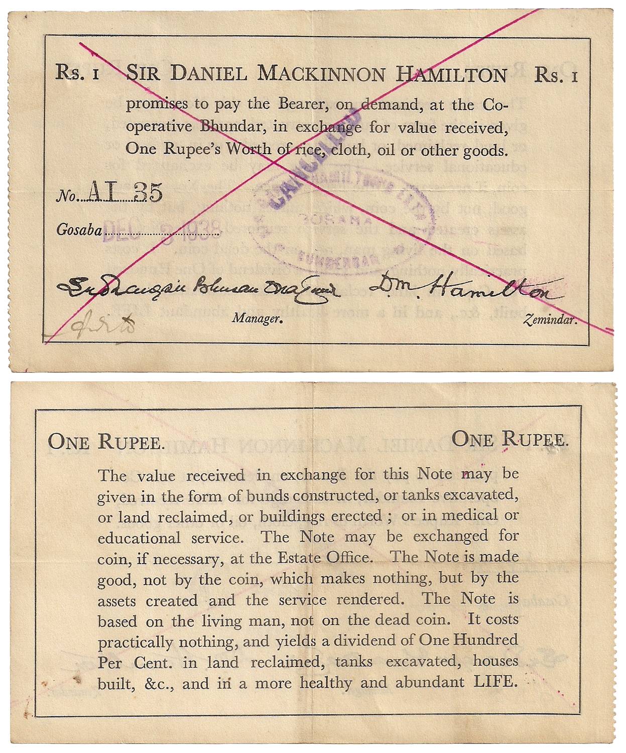 Private Note, Rupee 1, Issued by Sir Daniel Mackinnon Hamilton and it gives a Promissory N