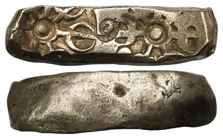 Punch-marked Coins, Gandhara Janapada, Silver, 11.40 g, Bent Bar, mid-sized bar with the p