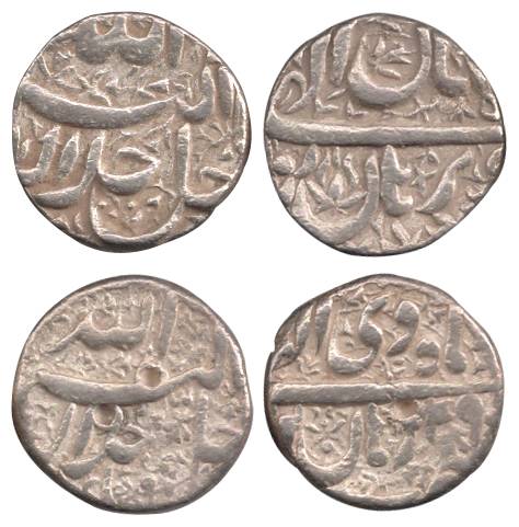 Akbar, Silver (2), Rupee, Burhanpur Mint, Allahu Akbar type, Aban and Di Months (KM 93.7).