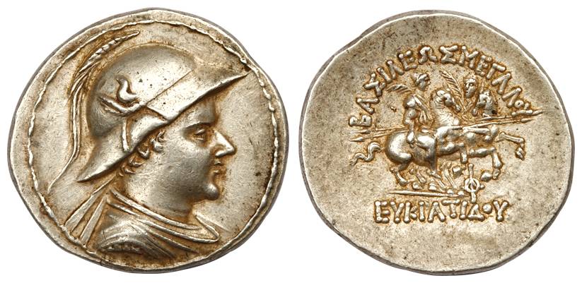 Indo-Greeks, Eucratides, Silver, 16.95 g, Tetradrachm, helmeted bust of the ruler to right