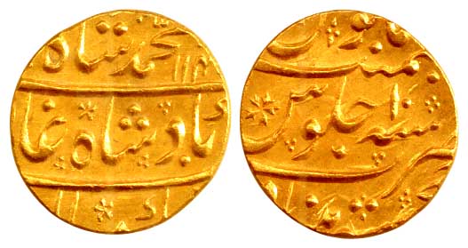 Muhammad Shah, Gold, Mohur, Khujista Bunyad Mint, AH 114x/10, mint name at bottom on rev. 