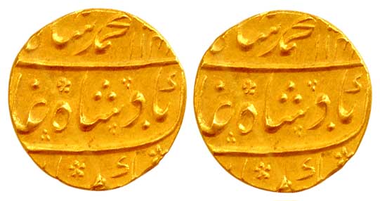 Muhammad Shah, Gold, Mohur, Khujista Bunyad Mint, AH 114x/10, nearly complete mint name at