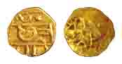 Chhatrapati Shivaji Maharaj, Gold, 0.18 g, ½ Fanam, Nagari Shri / Raja / Shiva on obv, Chh