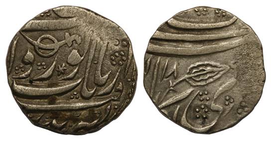 Kashmir Mint, Silver, Rupee, VS 189x, the date divided by the leaf on rev, Katar to left o