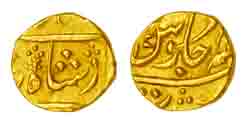 Bombay 1/15 Mohur, Gold, 0.78 g, in the name of Shah Alam II, Surat Mint (partly visible c