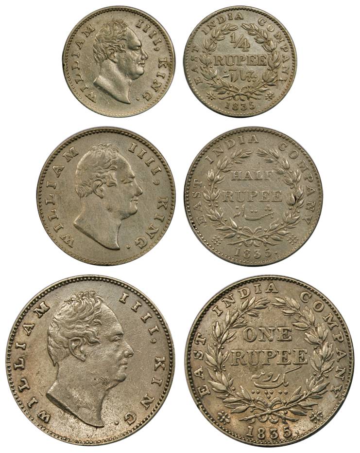 William IV, Silver (3), Set of 3: Rupee, ½ and ¼ Rupee, 1835, Plain and F Incused (2). Ver