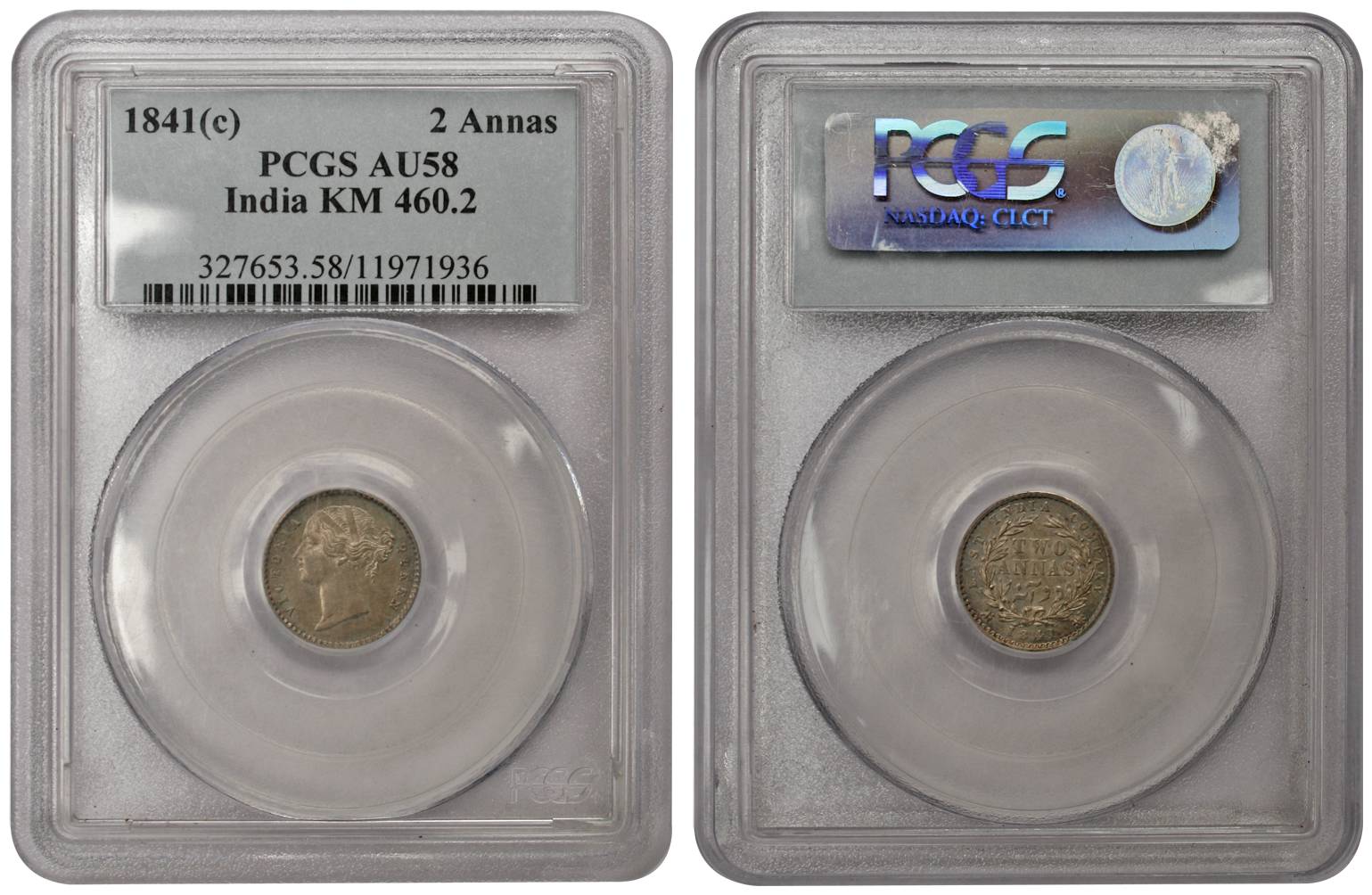 Victoria Queen, Silver, 2 Annas, 1841, Divided Legend, Calcutta Mint (KM 460.2). Graded an
