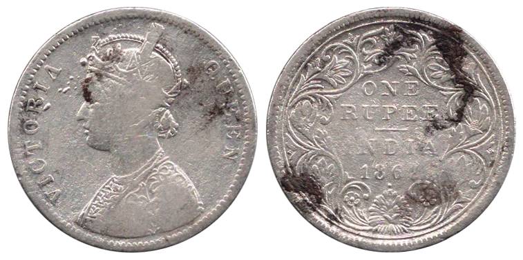 Victoria Queen, Silver, Rupee, 1862, 0/1 Dots type. Fine, Extremely Rare.