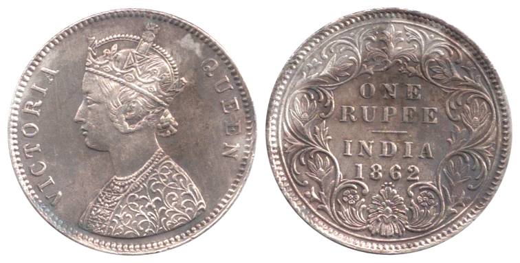 Victoria Queen, Silver, Rupee, 1862, Obv A, Rev I, 0 Dots on top and 4 Dots at bottom Dots