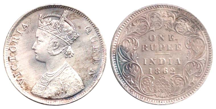 Victoria Queen, Silver, Rupee, 1862, Obv B, Rev I, 0 Dots on top and 4 Dots at bottom Dots