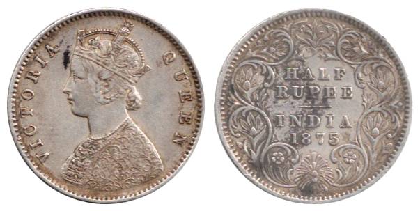 Victoria Queen, Silver, ½ Rupee, 1875. Very Fine, Scarce