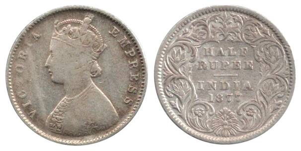 Victoria Empress, Silver, ½ Rupee, 1877, Calcutta Mint. Very Fine, Rare