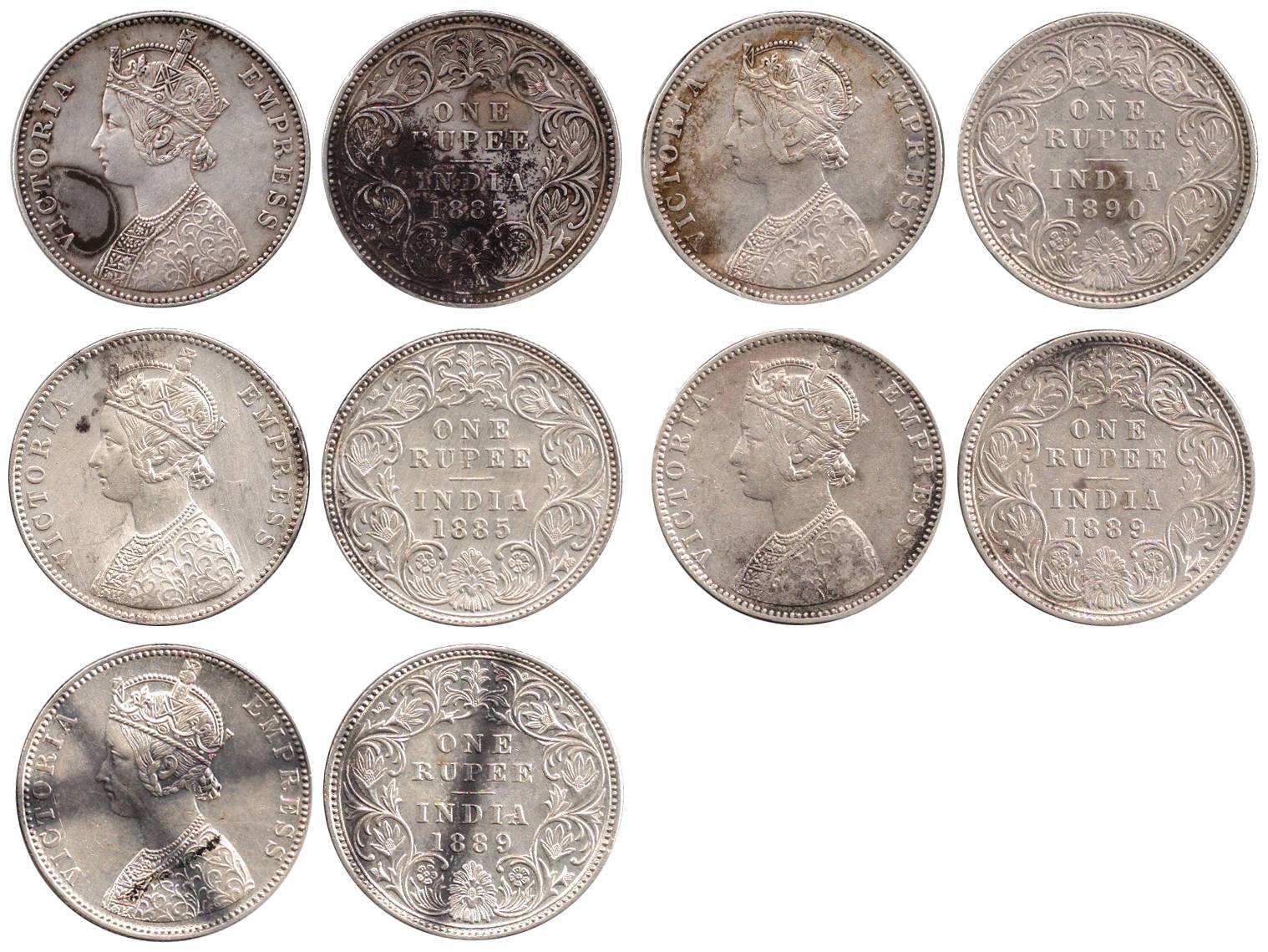 Victoria Empress, Silver (10), Rupee, 1883 (A/I Dot), 1883 (A/I B raised), 1884 (A/I C inc