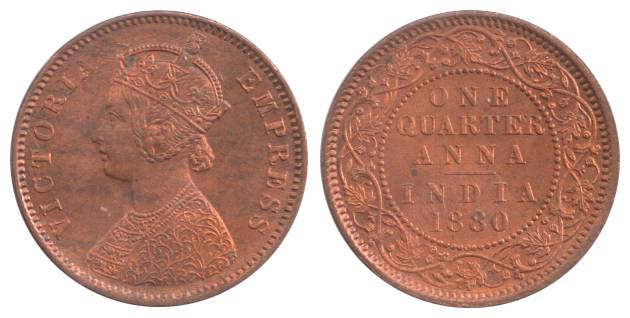 Victoria Empress, Copper, ¼ Anna, 1880. UNC, Rare.