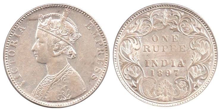 Victoria Empress, Silver, Rupee, 1897, Bombay Mint, B incused on rev. About Extremely Fine