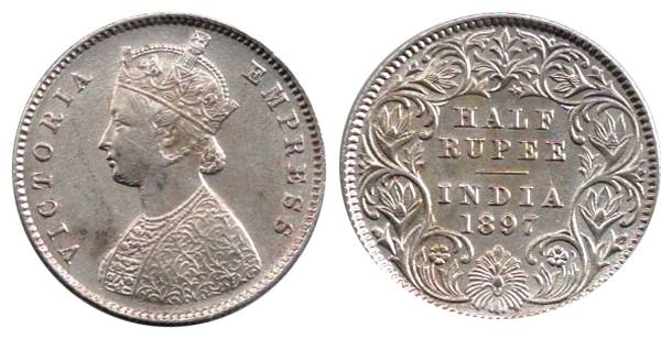 Victoria Empress, Silver, ½ Rupee, 1897, Calcutta Mint. About Extremely Fine, Rare.