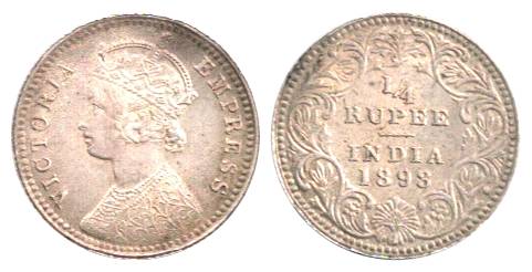 Victoria Empress, Silver, ¼ Rupee, 1898, C Incused, Calcutta Mint. About UNC, Scarce.