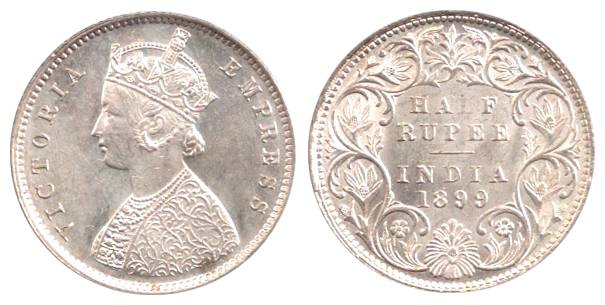 Victoria Empress, Silver, ½ Rupee, 1899, Bombay Mint with inverted B incused on rev. UNC, 