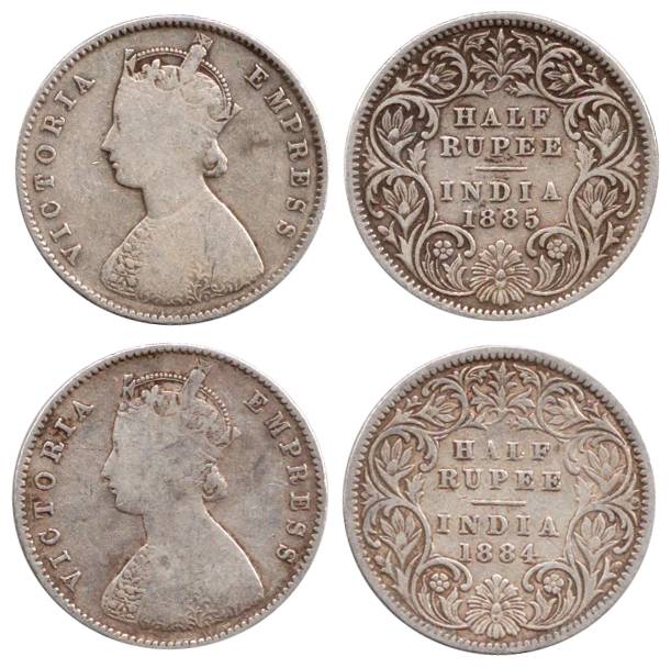Victoria Empress, Silver (2), ½ Rupee, 1884, Calcutta Mint and 1885, Calcutta Mint. Very F