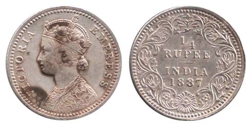 Victoria Empress, Silver, ¼ Rupee, 1887, Calcutta Mint, C Incused. Very Fine, Scarce