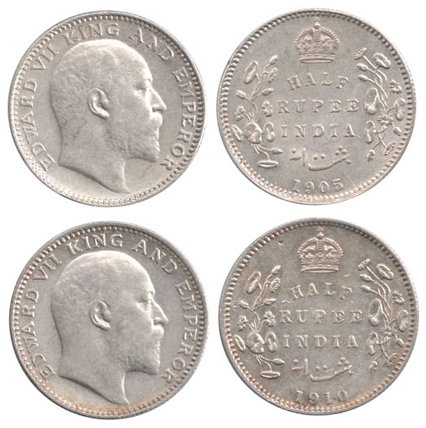 Edward VII, Silver (2), ½ Rupee, 1905 and 1910. First About UNC, the second Extremely Fine
