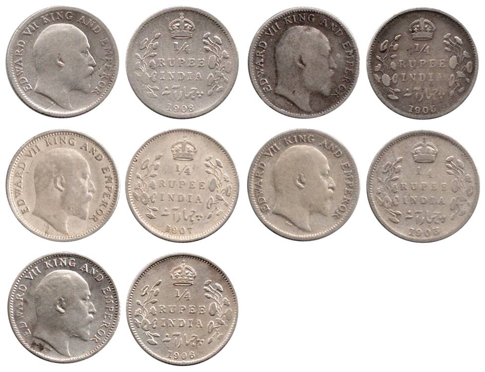 Edward VII, Silver (13), ¼ Rupee, 1903, 1905 (3), 1906 (3), 1907 (3), 1910 (3). Fine to Ve