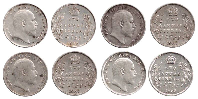 Edward VII, Silver (10), 2 Annas, 1903, 1905, 1907 (2) and 1910 (6). Very Fine to Extremel