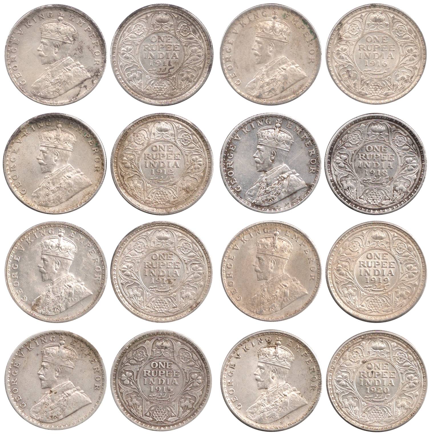 George V, Silver (10), Rupee, 1911, 1912, 1913 (2), 1915, 1916, 1918, 1919 and 1920 (2). V