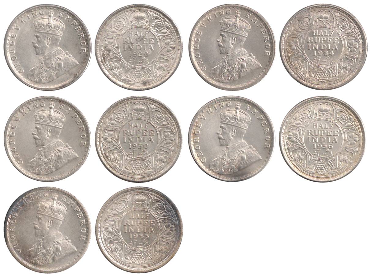 George V, Silver (5), ½ Rupee, 1929, 1930, 1933, 1934 and 1936. All UNC, Scarce. 5 coins