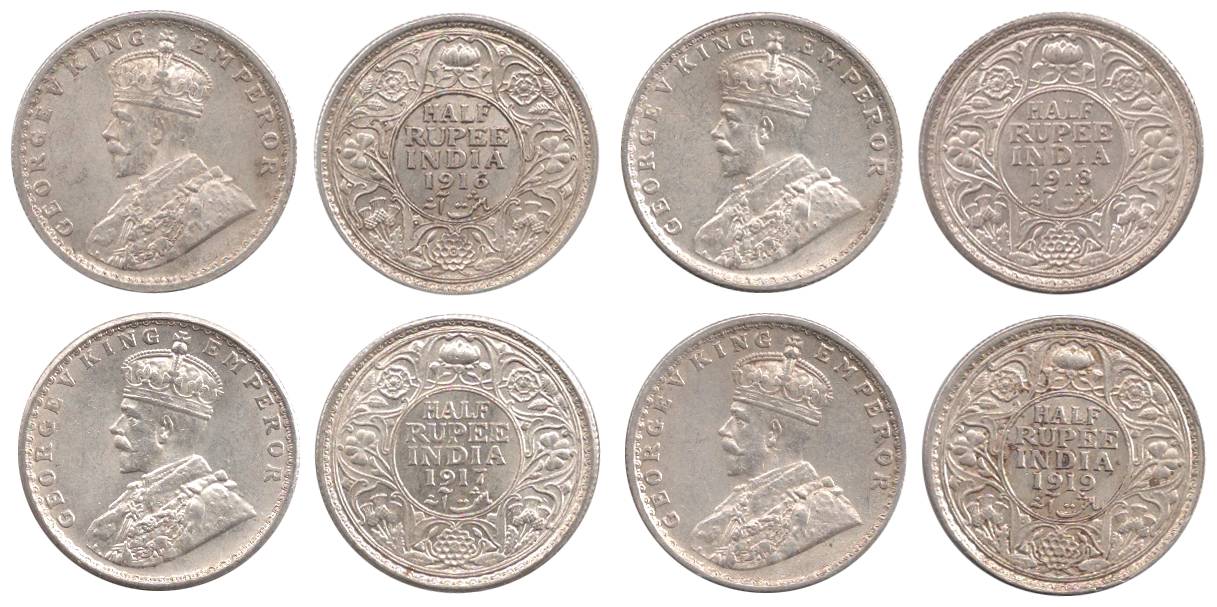 George V, Silver (10), ½ Rupee, 1916 (2), 1917 (2), 1918 and 1919 (5). Extremely Fine to U
