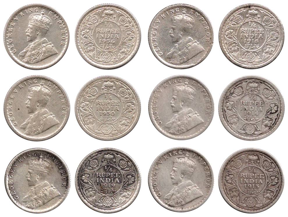 George V, Silver (14), ¼ Rupee, 1913, 1914, 1918 (3), 1919 (4), 1930 (2), and 1936 (3). Ve